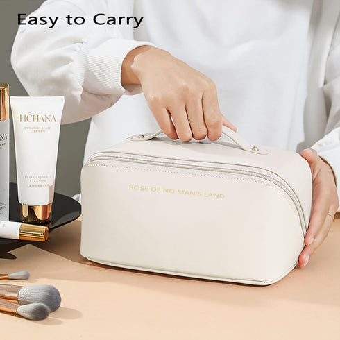 IMCUZUR Travel Makeup Bag Cosmetic Organizer for Women, Portable Skincare Bag for Traveling, Waterproof PU Leather Wide Open Make up Bag (White)...