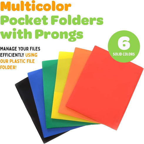2 Pocket Multicolor Plastic Folders with Prong Fasteners, Black, Red, Green, Blue, Yellow, Orange, 6 Pack Plastic Folders...
