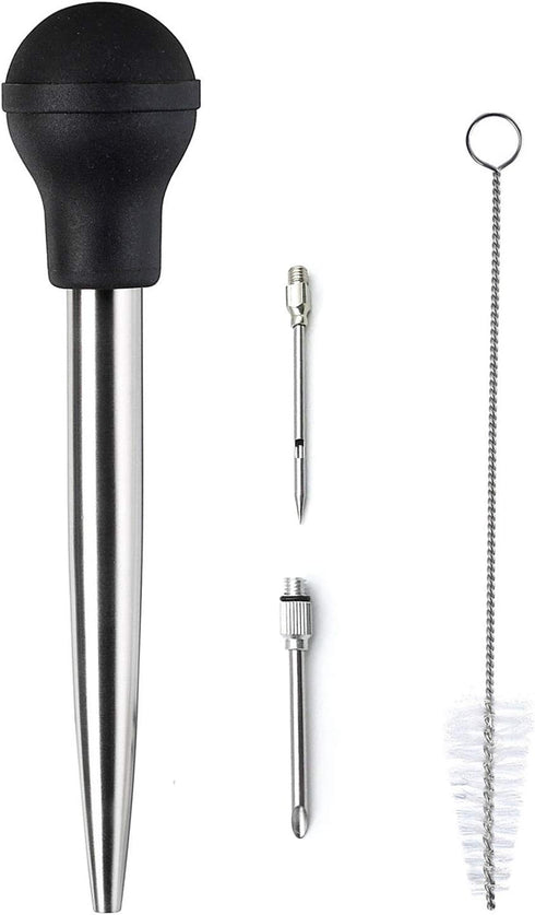 Stainless Steel Turkey Baster With Cleaning Brush - Food Grade Syringe Baster For Cooking & Basting With 2 Marinade Injector Needles - Ideal For B...