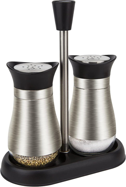 Evelyne 2-Piece Set Salt & Pepper Glass Shaker Stainless Steel Cover with Tray...