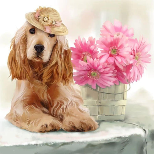 HSENJT Diamond DIY Painting Kits Dog,Pink Flowers Diamond Art Craft for Adults,14X14 Inch Painting by Diamonds Kits Full Round Drill for Wall Deco...