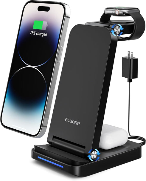 ELEGRP Wireless Charging Station for Apple/Samsung/Android, 3 in 1 Travel Fast Wireless Charger for iPhone 15/14/13/12/11/Pro/Max/SE/8, Samsung S2...
