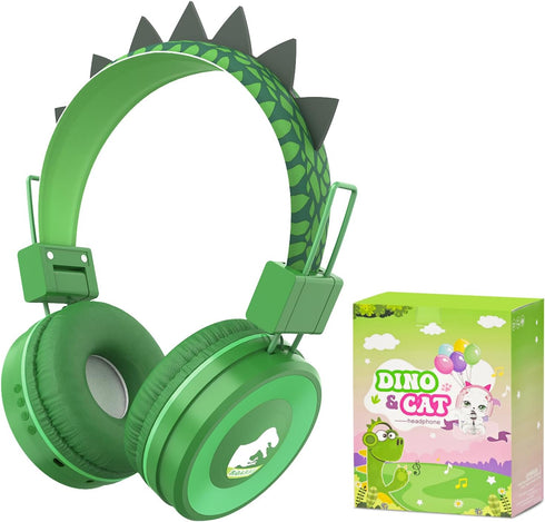 QearFun Dino Headphones for Boys Kids for School,Kids Bluetooth Headphones with Microphone & 3.5mm Jack,Teens Toddlers Wireless Headphones with Ad...