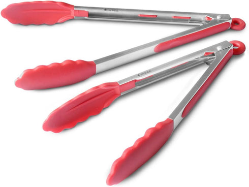 MEKBOK Kitchen Tongs Set - Salad & Grill Stainless Steel Serving Tongs with Silicone Tips - 9"&12" (Red)...