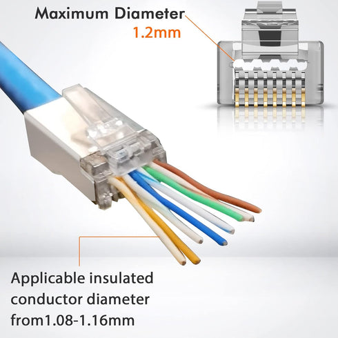 Shielded RJ45 Cat6 Cat 6A Connectors - Pass Through Connector Gold Plated 3 Prong 8P8C Modular Plugs for FTP/STP Stranded Ethernet Cable & Solid W...