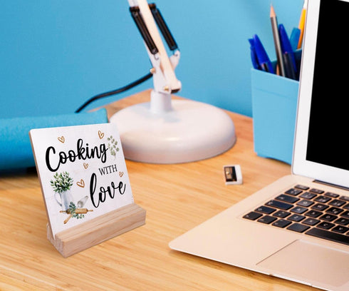 Cooking with Love Wood Plaque with Wooden Stand,Rustic Kitchen Wooden Plaque Sign Desk Decor for Home Kitchen Table Shelf Decoration...
