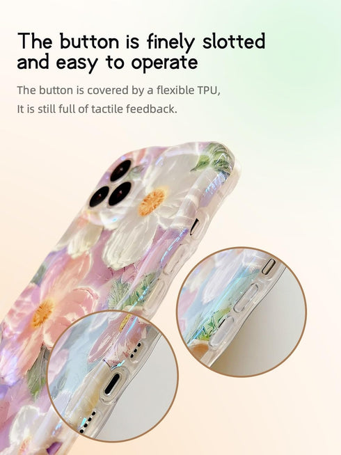 Case for iPhone 14 Pro Max - Vivid Retro Oil Painting, Flower Laser Glossy Pattern, Cute Curly Wave Edge - Exquisite Stylish Durable TPU Protectiv...