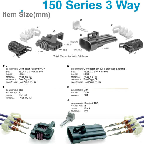 (2-PACK) 3-Pin Metri-Pack 150 Series 3-Way 16V & 14amps Connector w/20 22 AWG Sealed...