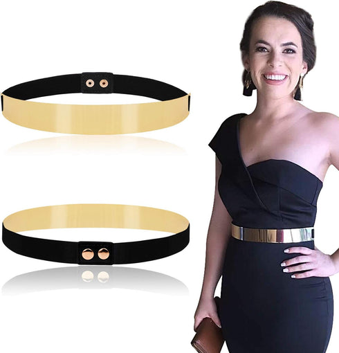 Women Elastic Mirror Metal Waist Belt Metallic Waistband,Golden, One Size...