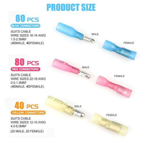 200PCS Heat Shrink Bullet Connectors, Automotive Female & Male Connectors Bullet Terminals,Insulated Waterproof Marine Electrical Wire Splice Crim...