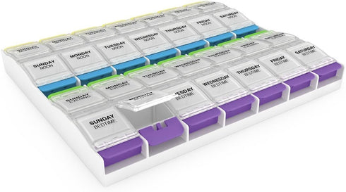Ezy Dose Weekly (7-Day) Pill Organizer, Vitamin and Medicine Box, 2X-Large Push Button Compartments, 4 Times a Day, Clear Lids...