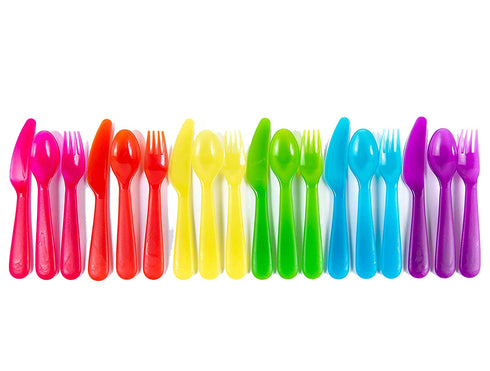 Kids Plastic Dinnerware Set of 18 Multi Color Flatware (Spoons, Forks and Knives) - Reusable, BPA-Free, Dishwasher Safe and Microwaveable...