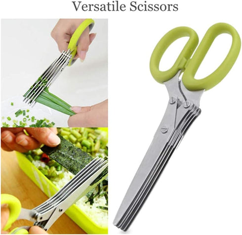Herbal Scissors Stainless Steel 5 Blade Kitchen Scissors Mince Fresh Herbs & Leafy Greens Kitchen Gadgets Herb Cutter whit Cleaning Comb (Green)...