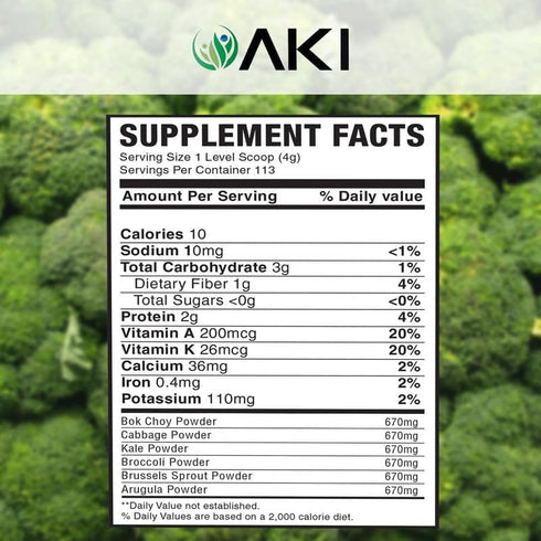 AKI Cruciferous Superfood Green Mix Powder - Made from Kale, Broccoli, Brussels Sprouts, Cabbage - Packed with Essential Phytonutrients & Vitamins...
