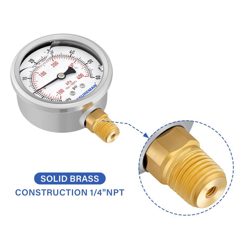 MEASUREMAN 2-1/2" Dial Size, Glycerin Filled Pressure Gauge, 30inHG-60psi, 304 Stainless Steel Case, 1/4"NPT Lower Mount...