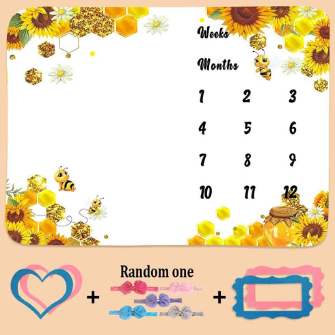 Baby Monthly Milestone Blanket| Sunflower Bee Honeycomb Golden Honey Pot | Newborns 1 to 12 Months Unisex Include 4 Frames and 1 Headband 48"x40" ...