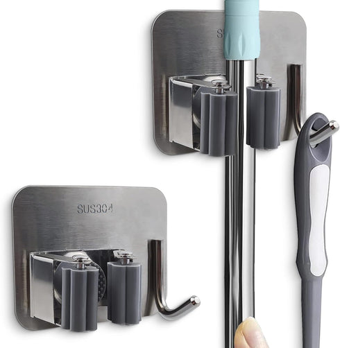 Broom Mop Stainless Wall Mount Holder with Mopping Cloth Hooks Self Adhesive Tape, Brush Broom Gripper Holds , Storage Racks & Organization Hooks ...