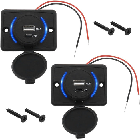 2PCS Type C USB Car Charger Socket Power Outlet with Dustproof Cap Dual Port QC3.0 USB & PD Type C 12-24V 18W Quick Charge Socket Panel for Cars R...