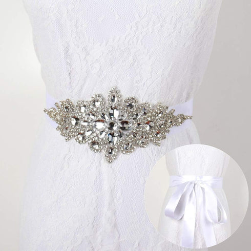 DUOBAO Crystal Rhinestone Applique Silver Wedding Sash Bridal Belts Pearl Appliques Handmade Rhinestones Belt With two 300cm Ribbons for Prom Brid...