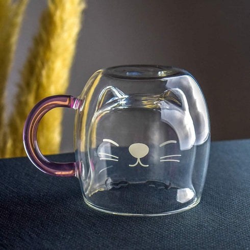 Purple Cat Mug Cute Mugs Glass Double Wall Insulated Glass Espresso Cup, Kawaii Cup, Coffee Cup, Tea Cup, Milk Cup, Best gift for Office and Perso...