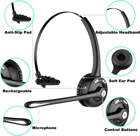 Trucker Bluetooth Headset with Microphone, Wireless Headphone with Microphone, Wireless Cell Phone Headset On Ear Design for Home Office Call Cent...