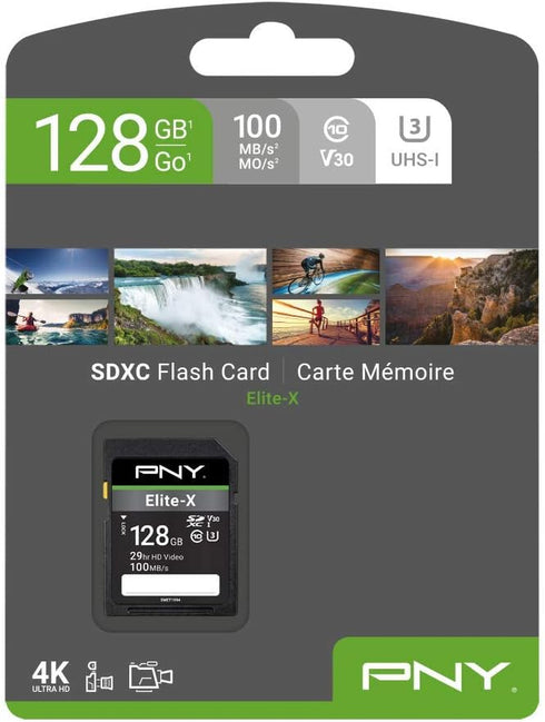 PNY 128GB Elite-X Class 10 U3 V30 SDXC Flash Memory Card - 100MB/s, Class 10, U3, V30, 4K UHD, Full HD, UHS-I, Full Size SD...