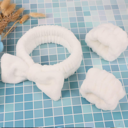 3 Pack Spa Headband and Wrist Washband Face Wash Set,Reusable Soft Makeup Headband Fleece Skincare Headbands for Washing Face Shower (White)...