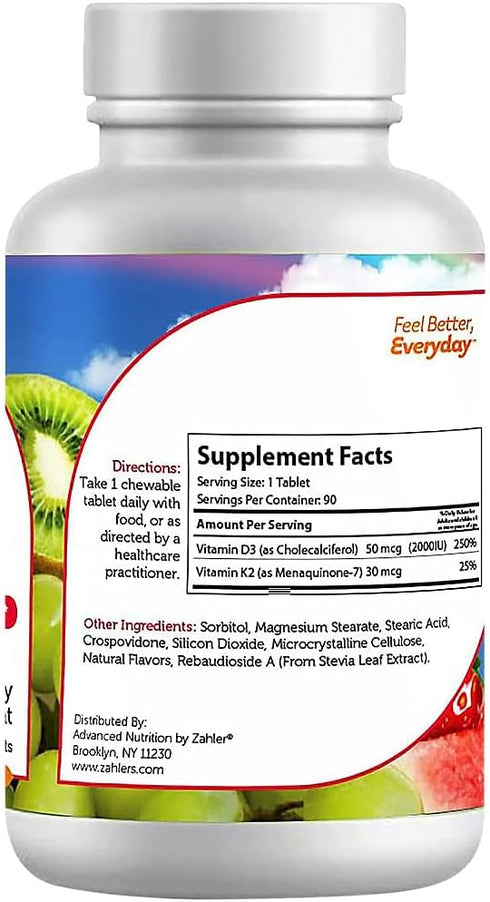 Zahler - Junior Vitamin D3 + K2 Chewable Tablets for Kids| Vitamin D for Kids 2000 IU | Delicious Vitamin D K2 Chews to Support Healthy Bones & Te...