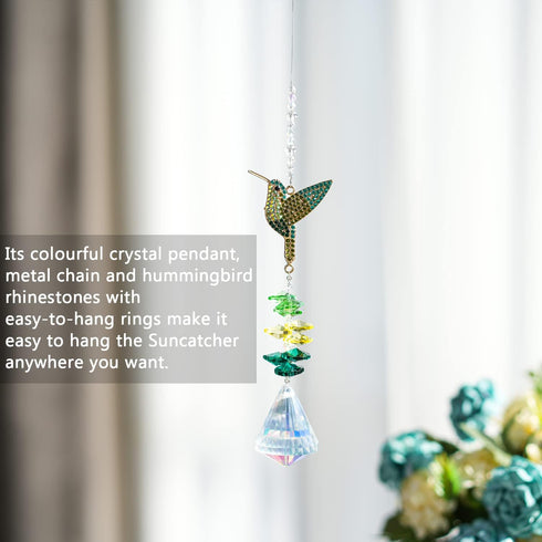 Rhinestones Hummingbird with Crystal Sun Catcher, Glass Window Hanging Ornament,Crystal Prism Suncatcher Outdoor Indoor Home Garden Party Decorati...
