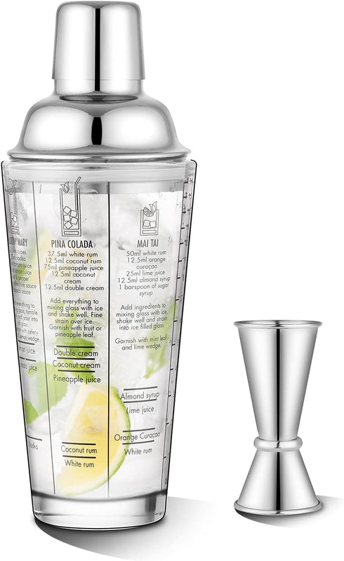 Glass Cocktail Shaker Printed with Recipes,14 oz Martini Shaker with Double Measuring Jigger,18/8 Grade Stainless Steel Mixing Shaker,Leak-Proof L...