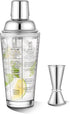 Glass Cocktail Shaker Printed with Recipes,14 oz Martini Shaker with Double Measuring Jigger,18/8 Grade Stainless Steel Mixing Shaker,Leak-Proof L...