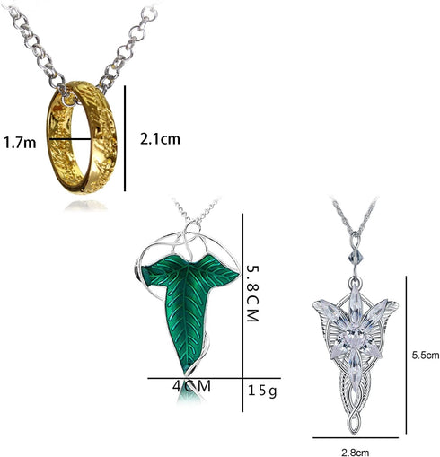 3pcs Lord of The Ring Hobbit Necklace Gold Tone The Ring Pendant Necklace Vintage Green Leaf Elven Pin Brooch Pendant Chain Necklace...