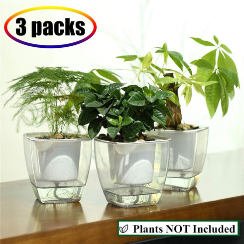 Self Watering Planter , FENGZHITAO African Violet Pots, Clear Plastic Automatic-Watering Planter Flower Pot Square Plant Pot for All House Plants,...