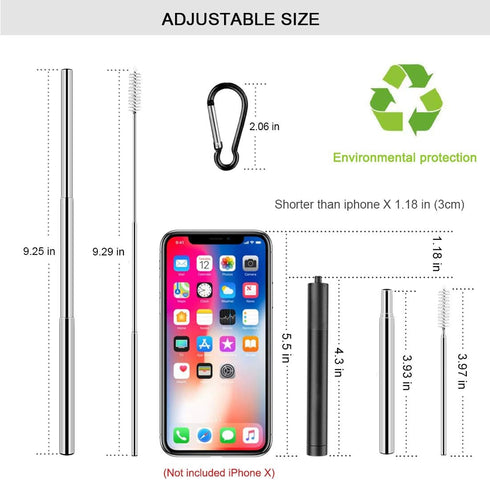2 Pack Reusable Metal Straws Collapsible Stainless Steel Drinking Straw Travel Portable Telescopic Straw with Case,2 Cleaning Brushes Included Bla...