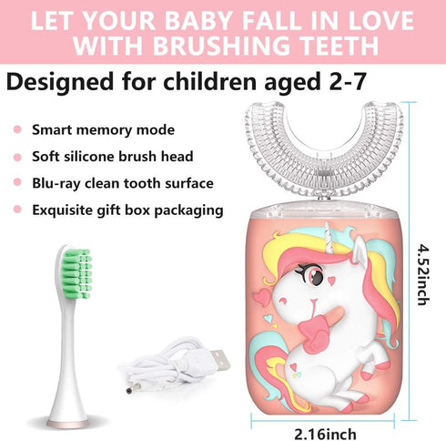 Kids Toothbrush Electric, U Shaped Ultrasonic Automatic Toothbrush with 2 Brush Heads, Six Cleaning Modes, Cartoon Modeling Design for Kids, Speci...