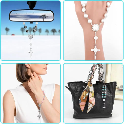 4 Pcs Rosary Beads Catholic, FineGood Cross Car Mirror Hanging Accessories Blessing Auto Rear View Mirror Pendant Car Decor Interior...