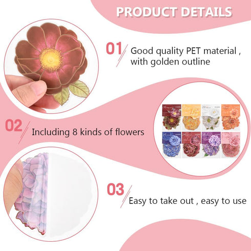 80pcs Floral Stickers,Flower Stickers,Scrapbook Stickers,Holographic Sticke for Large Floral Stickers Journal Supplies Aesthetics with Sticker Scr...