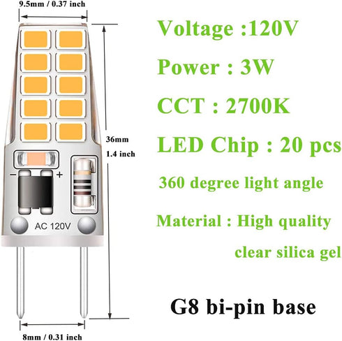 5 Pack G8 LED Bulb Soft White 2700K 120V 3W Equivalent to G8 Halogen Bulb 35W T4 JCD Type GY8.6 Bi-Pin Base, Non-dimmable for Under Cabinet Light,...