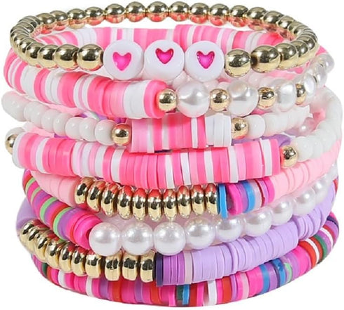 5-12Pcs Surfer Bead Bracelets Set Y2k Star Love Heart Charms Bracelets Vinyl Disc Heishi Colorful Clay Beaded Stretch Bracelet for Women Boho Summ...