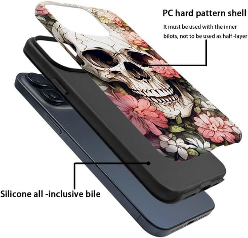 Compatible with iPhone 14 Pro Case, Skull Red Flowers Pattern Print Phone Case Durable Fashion Funny Liquid Silicone Case Soft Anti-Scratch Shockp...