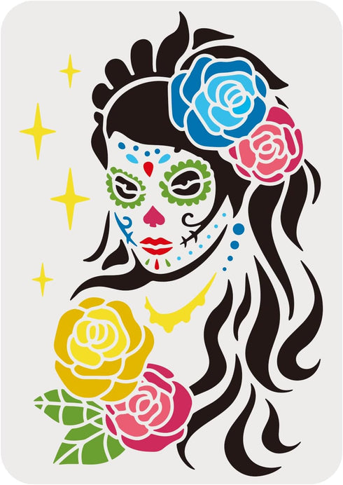 FINGERINSPIRE Women Sugar Skull Day of The Dead Stencil 11.7x8.3 inch A4 Large Size Lady with Flowers Laser Cut Reusable Airbrush Mylar Painting C...
