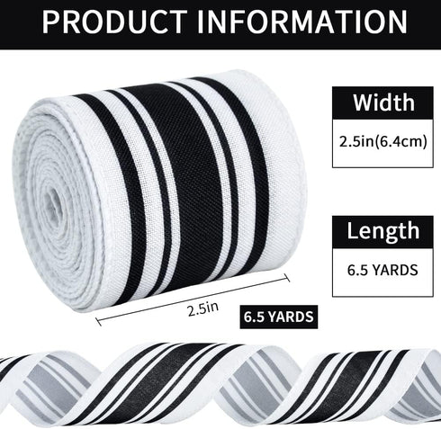 TONIFUL 2.5 Inch Black and White Striped Wired Edge Ribbon, Burlap Ribbon, Blakc White Wired Ribbon for Gift Wrapping, Wreath Bows Making, Crafts ...