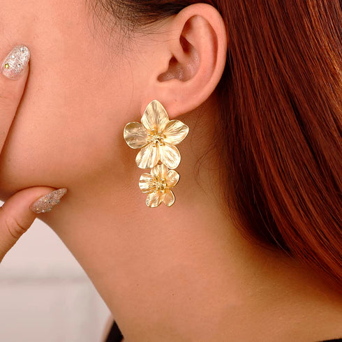 Gold Large Double Flower Earrings for Women Boho Statement Flower Earrings Bohemian Gold Elegant Chic Flower Dangle Earrings Unique Flower Jewelry...