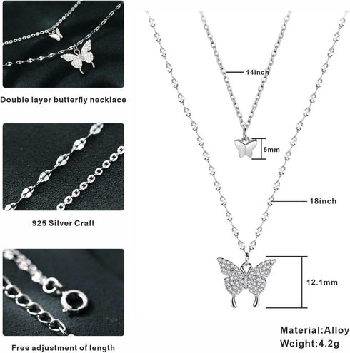 Tatibana Sterling Silver Butterfly Necklace, Vintage Layered Crystal Necklace for Women & Teen Girls, 925 Silver Choker with Double Butterfly Pend...