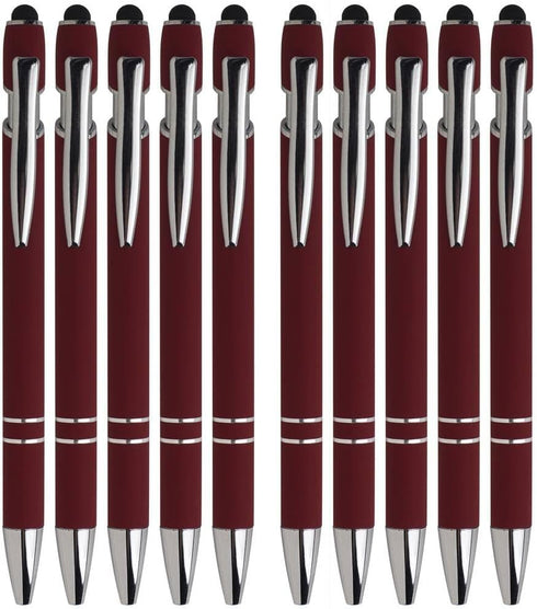 Retractable Ball Point Pens with Stylus Tip Medium Point Soft Touch Metal Matt Wine Red Barrel Black Ink 10 Count...