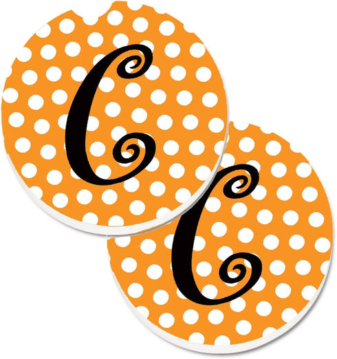 Caroline's Treasures CJ1033-CCARC Letter C Initial Monogram - Orange Polkadots Set of 2 Cup Holder Car Coasters Absorbent Sandstone Coasters for C...