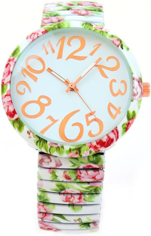 White Roses Floral Print Large Face Easy to Read Stretch Band Extension Women's Watch...