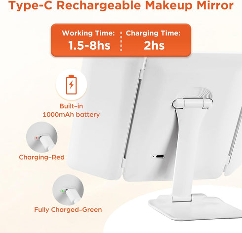 Travel Makeup Mirror, Rechargeable 1X/3X/5X Magnifying Trifold Makeup Mirror with Lights, 3 Color Lights, Touch Control Lighted Vanity Compact Mir...