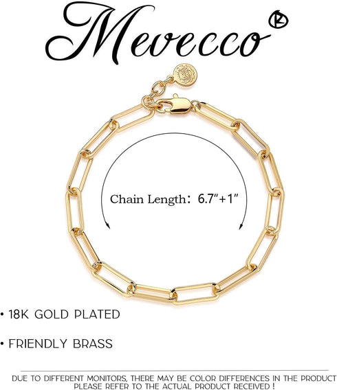 MEVECCO Dainty Oval Paper Clip Link Chain Bracelet Gold Chunky Radial Rolo Paperclip Link Bracelet 18K Gold Plated Delicate Wide Women Personalize...