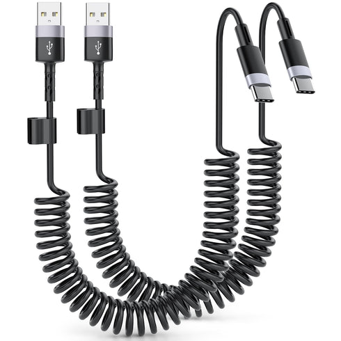 Coiled USB A to USB C Cable, 2 Pack, 3 FT, CarPlay and Android Auto Cable Compatible with iPhone 15, MacBook, Galaxy S23...
